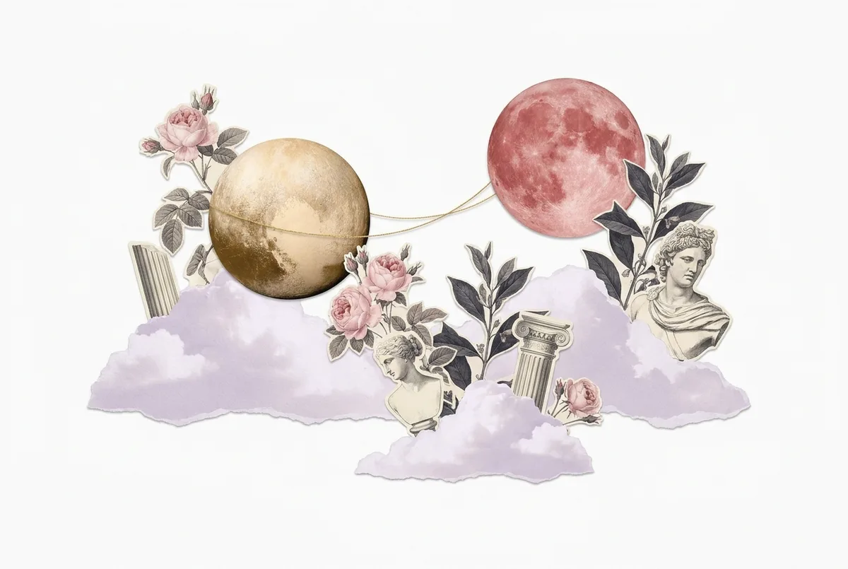 Surrealist collage: two planets leaning toward each other joined by a golden thread, engraved roses between them